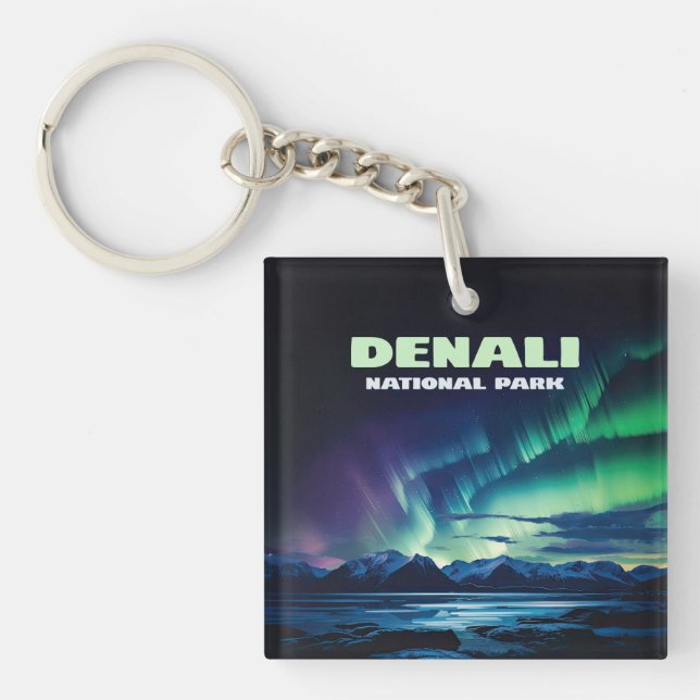 Denali National Park Alaska Northern Lights Retro Key Ring (Front)