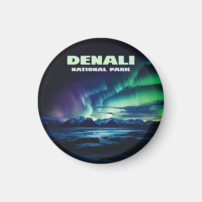 Denali National Park Alaska Northern Lights Retro Magnet (Front)