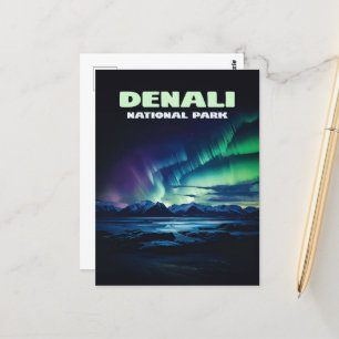 Denali National Park Alaska Northern Lights Retro Postcard