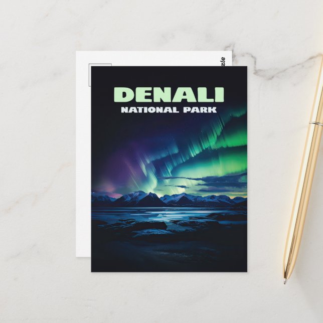Denali National Park Alaska Northern Lights Retro Postcard (Front/Back In Situ)