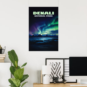 Denali National Park Alaska Northern Lights Retro Poster