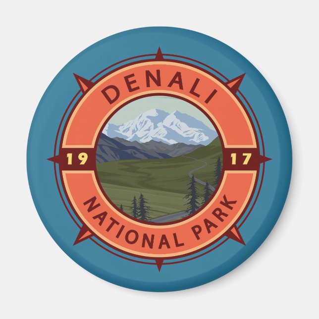 Denali National Park Retro Compass Emblem Magnet (Front)