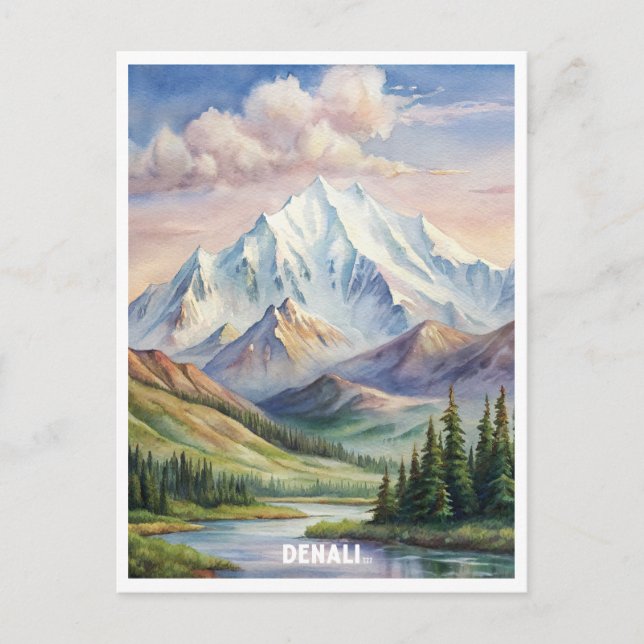 Denali National Park Watercolor Painting Postcard (Front)
