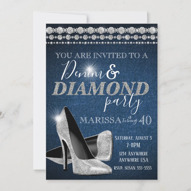 Denim and Diamond Birthday Party, elegant, heels Invitation (Front)