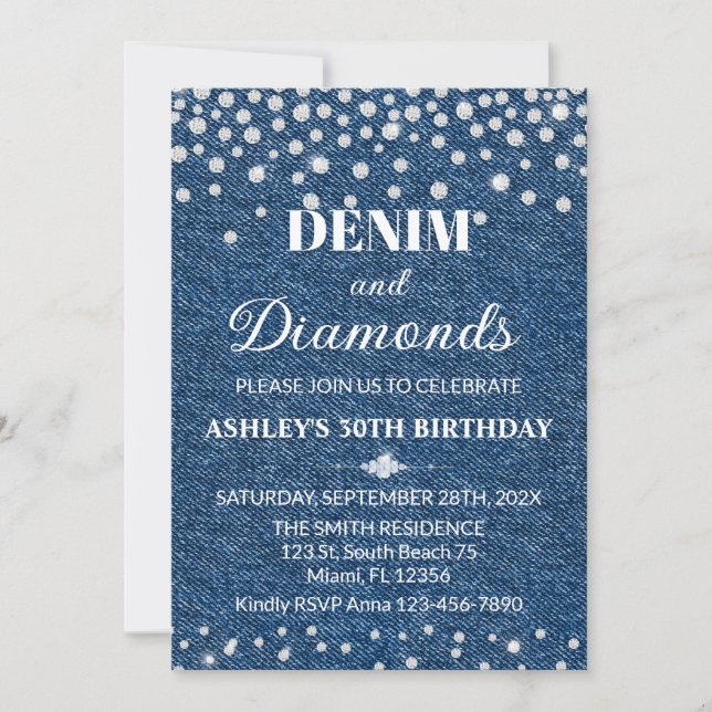Denim and Diamond Birthday Party Invitation (Front)