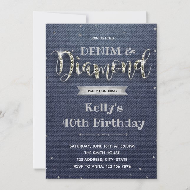 Denim and diamond theme party invitation (Front)