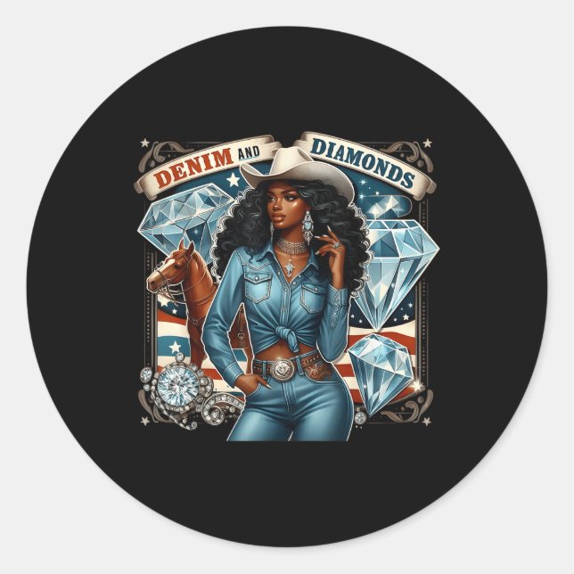 Denim And Diamonds African Melanin Swag Western Co Classic Round Sticker (Front)