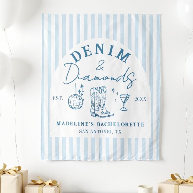Denim and Diamonds Bachelorette Backdrop Drawn Tapestry (denim diamonds bachelorette backdrop photo booth hand drawn cowgirl blue white stripes)