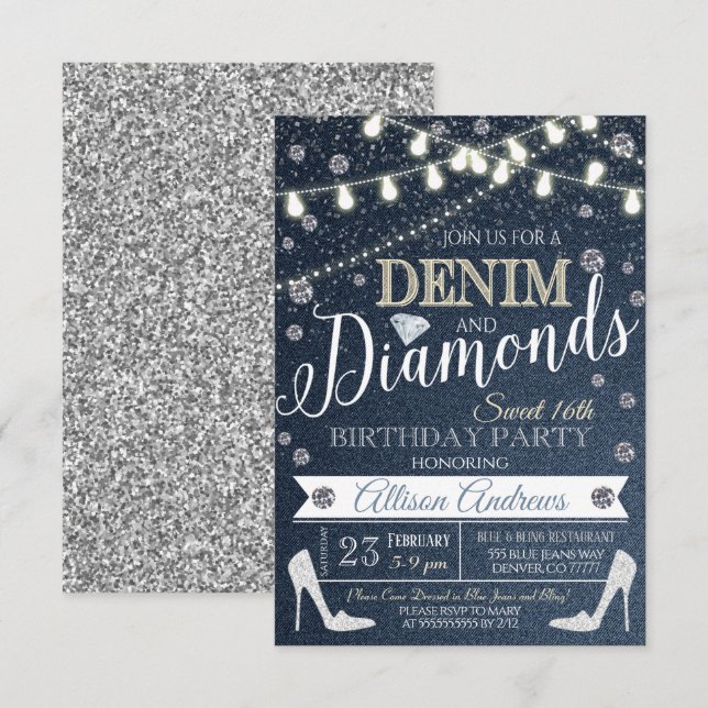  Denim and Diamonds Birthday Party Invitation (Front/Back)