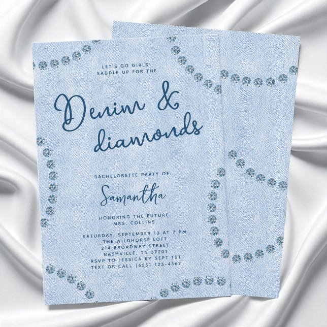 Denim and Diamonds Blue Cowgirl Bachelorette Party Invitation (Denim and Diamonds Blue Cowgirl Bachelorette Party Invitation)
