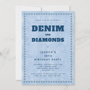 Denim and Diamonds Blue Jeans 30th Birthday Party Invitation