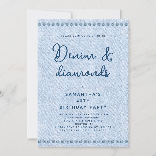 Denim and Diamonds Blue Jeans 40th Birthday Party Invitation (Front)