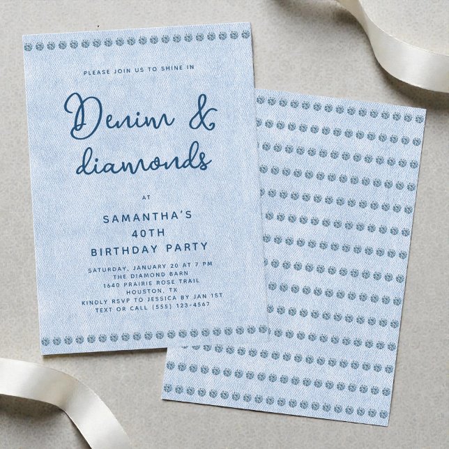 Denim and Diamonds Blue Jeans 40th Birthday Party Invitation (Denim and Diamonds Blue Jeans 40th Birthday Party Invitation)
