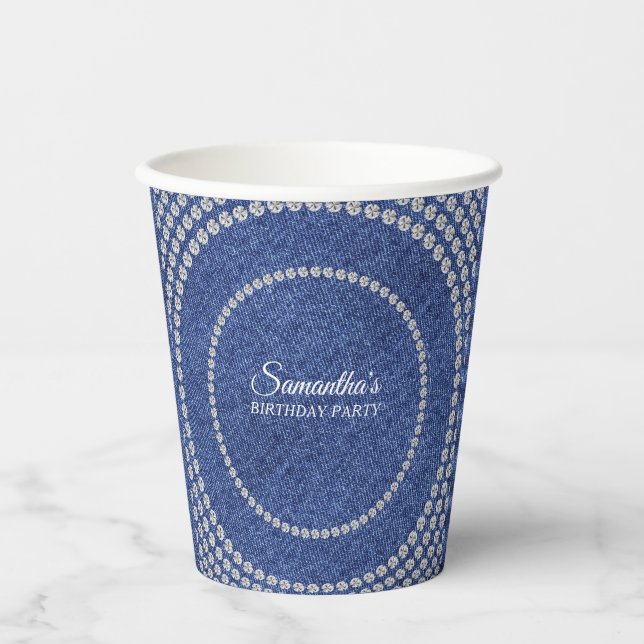 Denim and Diamonds Blue Jeans Bling Birthday Party Paper Cups (Front)