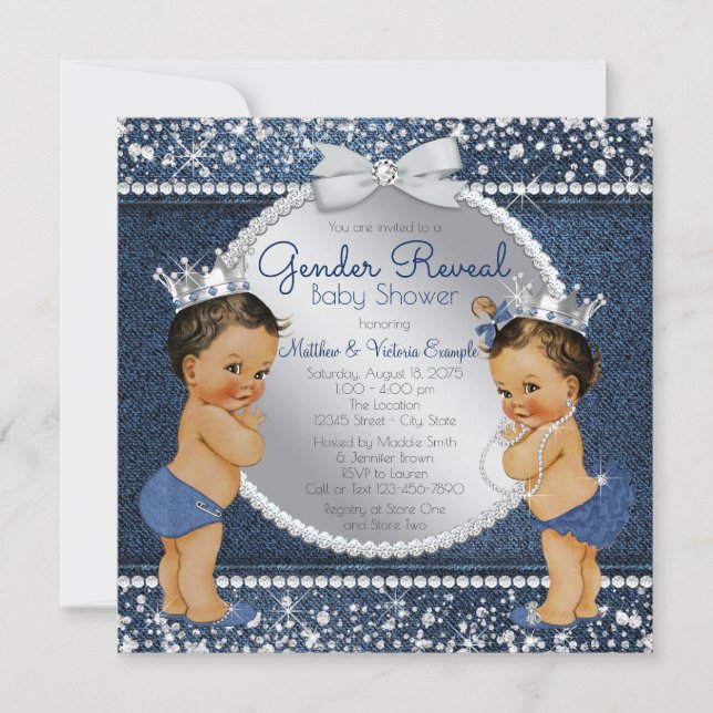 Denim and Diamonds Ethnic Gender Reveal Shower Invitation (Front)