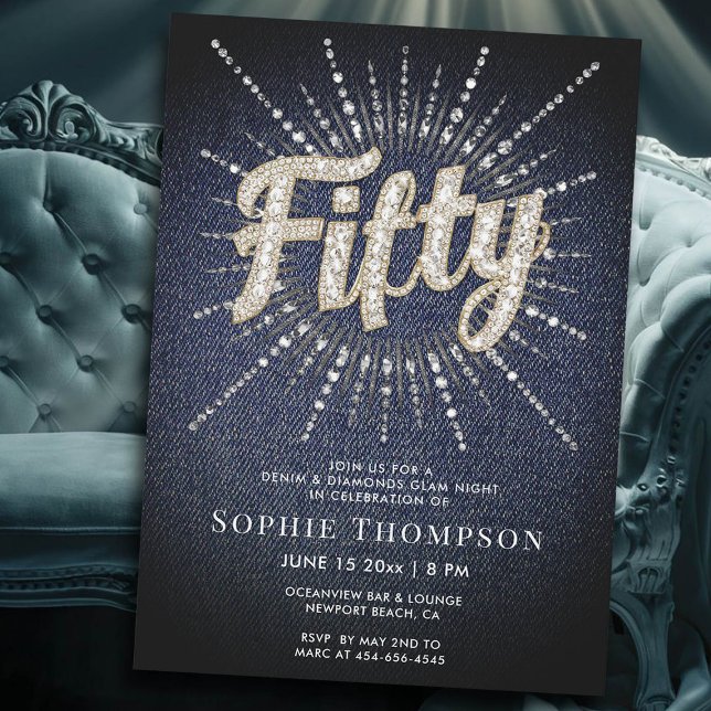 Denim and Diamonds Fabulous Glam 50th Birthday Invitation (denim diamonds 50th birthday women fabulous invitation)
