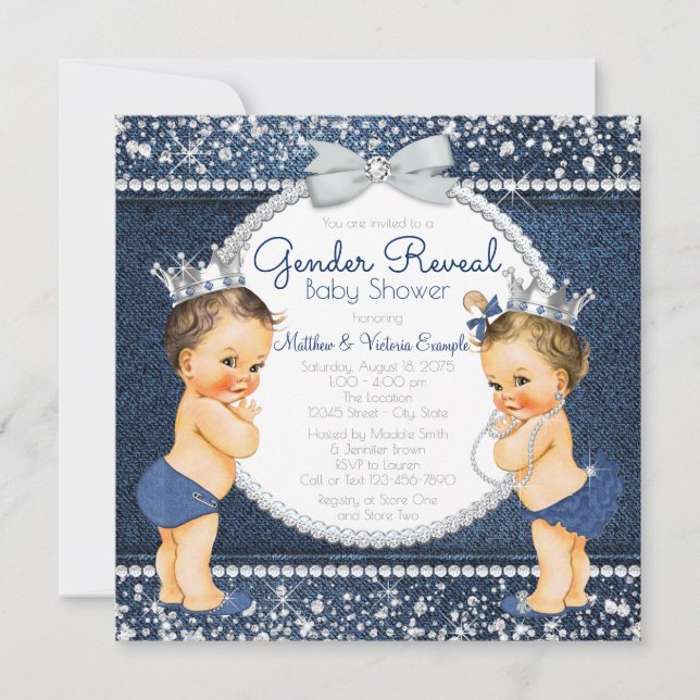 Denim and Diamonds Gender Reveal Baby Shower Invitation (Front)