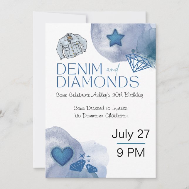Denim and Diamonds Themed Birthday Party Invitation (Front)