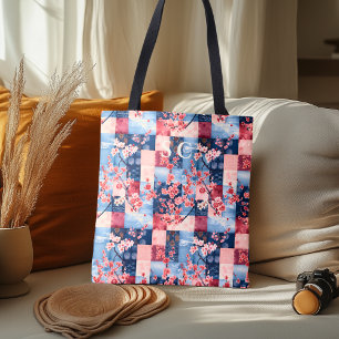 Denim and Floral Patchwork with Cherry Blossom  Tote Bag