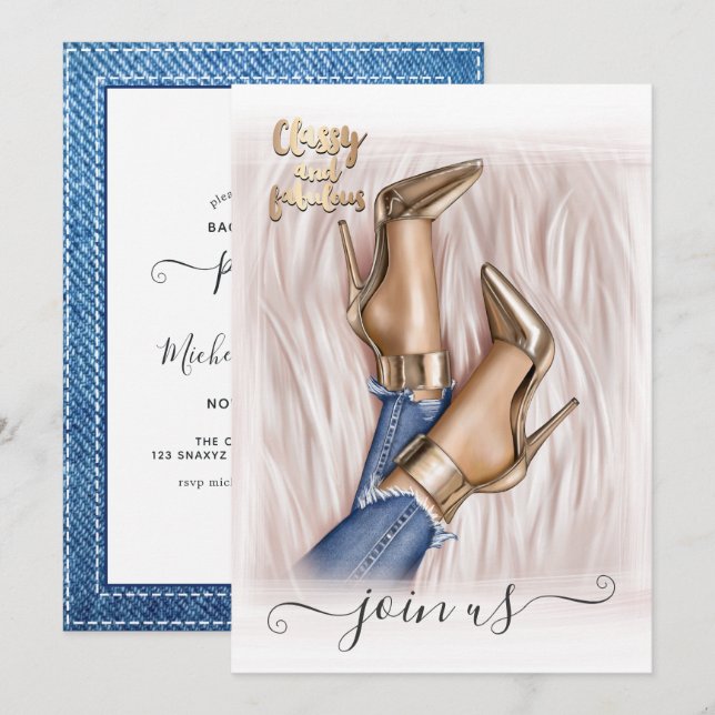 Denim and Gold Fashionista Bachelorette Invitation (Front/Back)