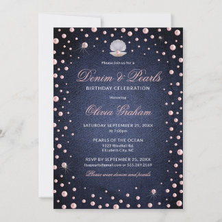 Denim and Pink Pearls Birthday Invitation