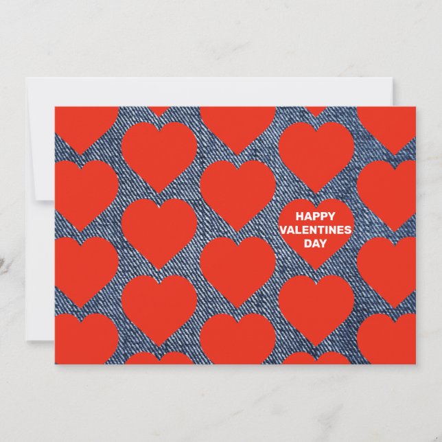 Denim And Red Hearts Valentine Card (Front)