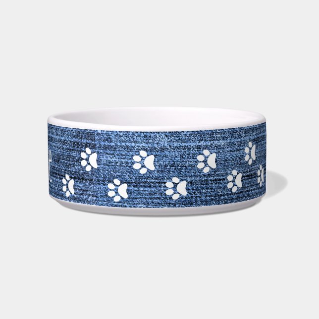 Denim and White Paw Prints Design Pet Bowl (Right)