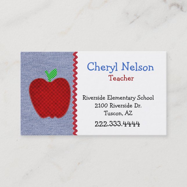 Denim & Apple Teacher's Business Card (Front)