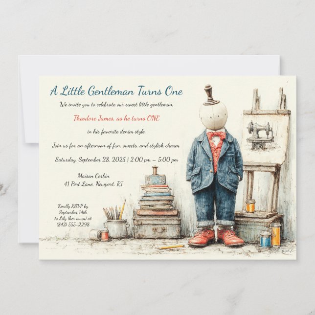 Denim Baby 1st Birthday & Perfume Sketch Invitation (Front)