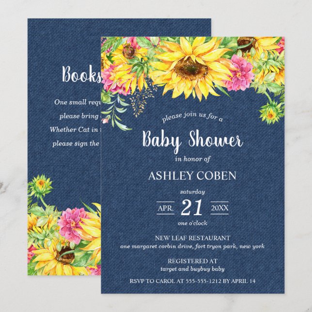 Denim Baby Shower Invitation with Sunflowers (Front/Back)
