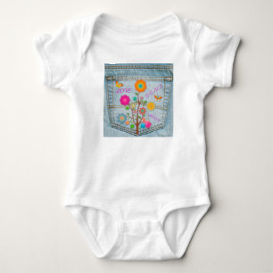 Denim Back Pocket Flowers Peace Love Hope Baby Bodysuit