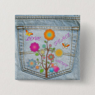 Denim Back Pocket Flowers Peace Love Hope Button