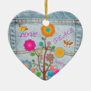 Denim Back Pocket Flowers Peace Love Hope Ceramic Tree Decoration