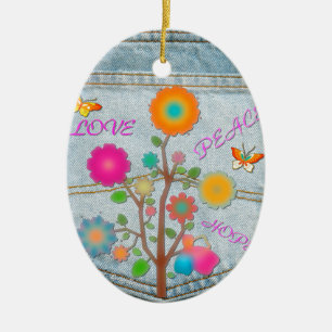 Denim Back Pocket Flowers Peace Love Hope Ceramic Tree Decoration