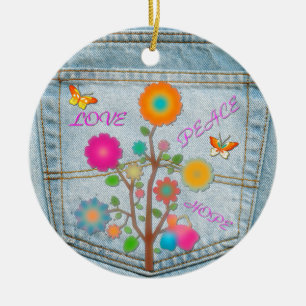 Denim Back Pocket Flowers Peace Love Hope Ceramic Tree Decoration