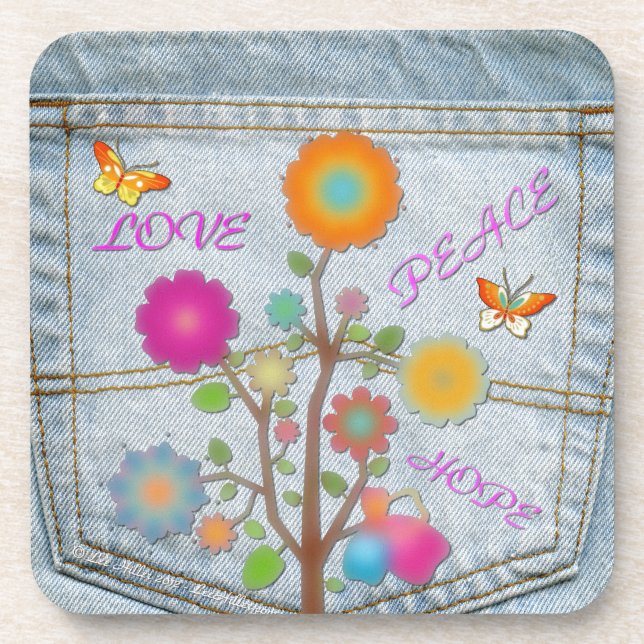 Denim Back Pocket Flowers Peace Love Hope Coaster (Front)