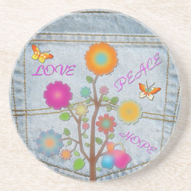 Denim Back Pocket Flowers Peace Love Hope Coaster (Front)