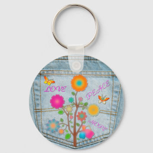 Denim Back Pocket Flowers Peace Love Hope Key Ring