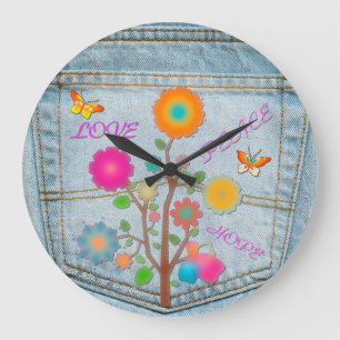 Denim Back Pocket Flowers Peace Love Hope Large Clock