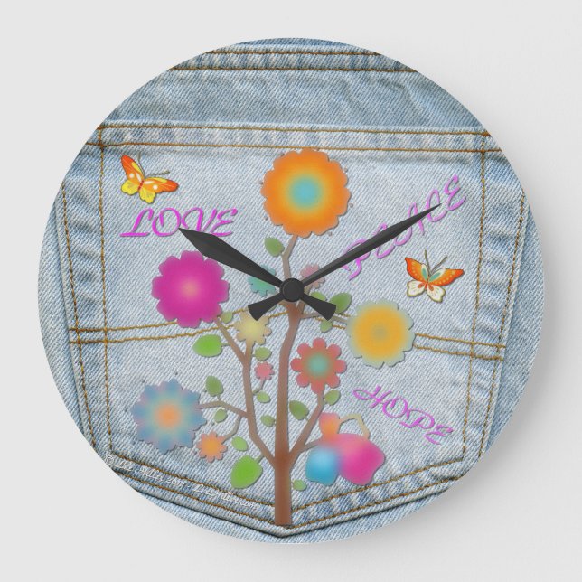 Denim Back Pocket Flowers Peace Love Hope Large Clock (Front)