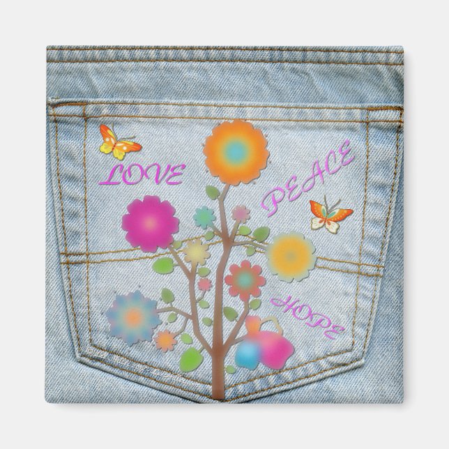 Denim Back Pocket Flowers Peace Love Hope Magnet (Front)