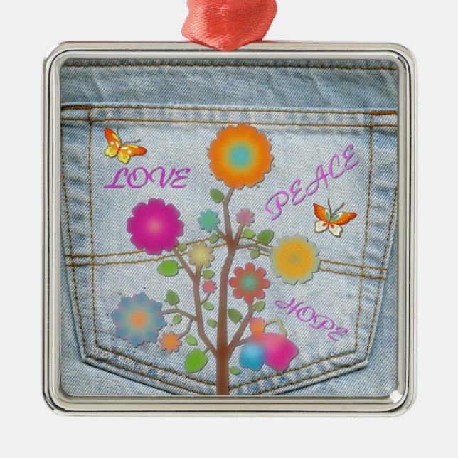 Denim Back Pocket Flowers Peace Love Hope Metal Tree Decoration (Front)