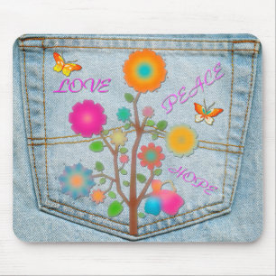 Denim Back Pocket Flowers Peace Love Hope Mouse Mat