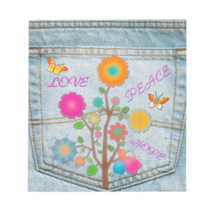 Denim Back Pocket Flowers Peace Love Hope Notepad