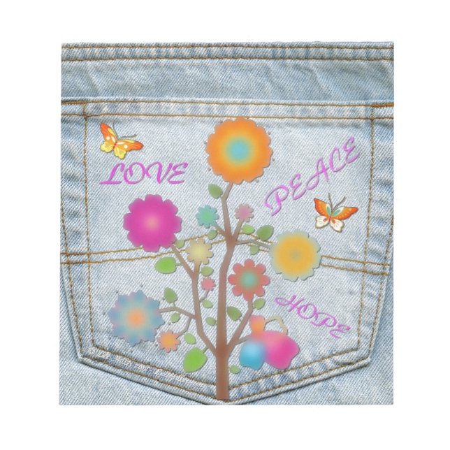 Denim Back Pocket Flowers Peace Love Hope Notepad (Front)