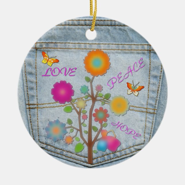 Denim Back Pocket Flowers Peace Love Hope Ornament (Front)
