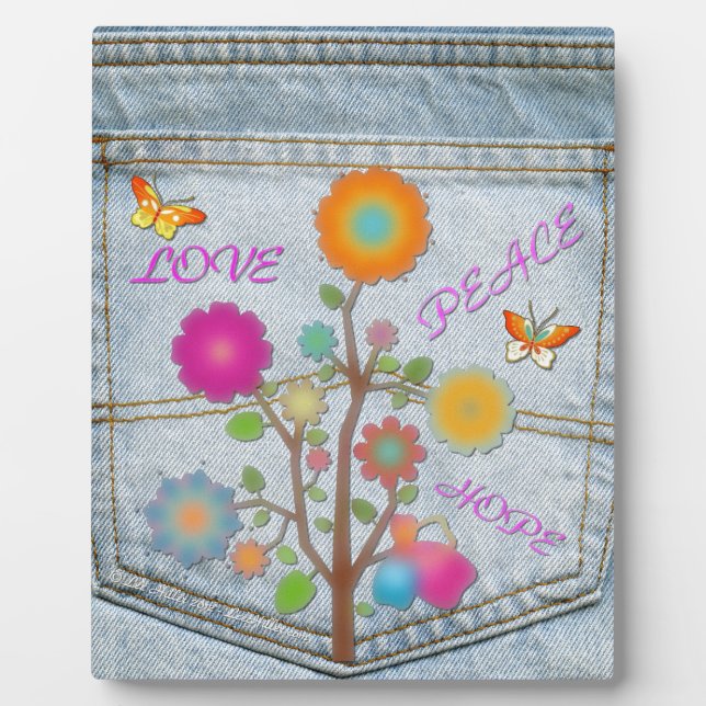 Denim Back Pocket Flowers Peace Love Hope Plaque (Front)