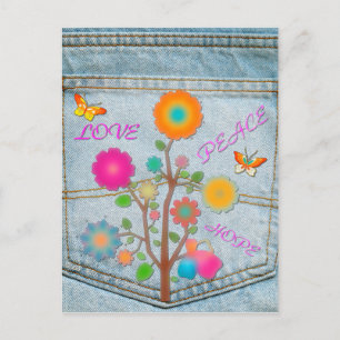 Denim Back Pocket Flowers Peace Love Hope Postcard