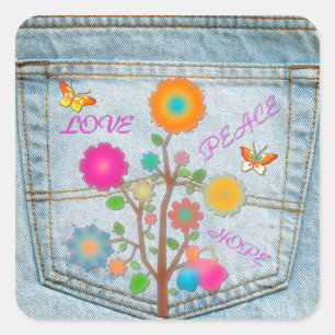 Denim Back Pocket Flowers Peace Love Hope Square Sticker