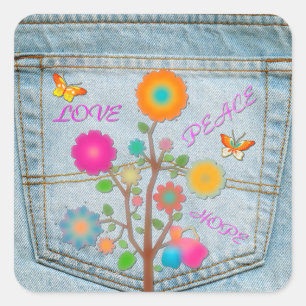 Denim Back Pocket Flowers Peace Love Hope Square Sticker